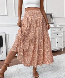 Falda larga de cintura alta fruncida para mujer, estilo bohemio, acampanada, con bolsillos