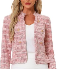 Allegra K Chaquetas de tweed vintage para mujer, cuello alto, chaqueta corta con frente abierto | Cuello alto, chaqueta corta a cuadros vintage, trajes casuales elegantes, primavera, otoño e invierno