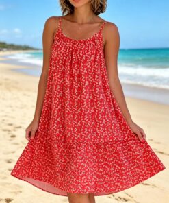 Vestidos de verano para mujer 2026, tirantes delgados, cuello en U, fruncidos, volantes, bohemio, talla grande, sin mangas, acampanado, vestido de playa
