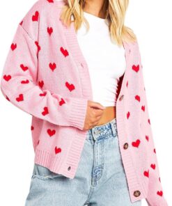 Sexy Outfit Cárdigans de Punto para el día de San Valentín para Mujer, Lindo Estampado de corazón, Manga Larga con Botones, suéteres cálidos, Ropa estética