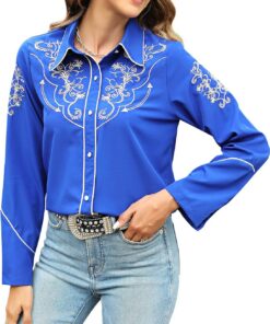 Camisas del lejano Oeste para mujer, vaquera, sexy, elegante, de manga larga, bordadas, con botones, blusas vaqueras para mujer