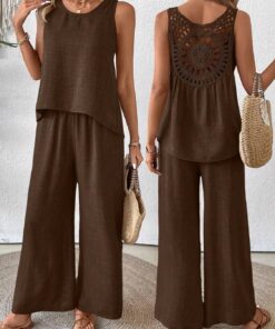 Conjunto de 2 piezas de lino para mujer, top de tirantes sin mangas con espalda de ganchillo, pantalones de pierna ancha, conjunto de vacaciones, Marrón oscuro, M