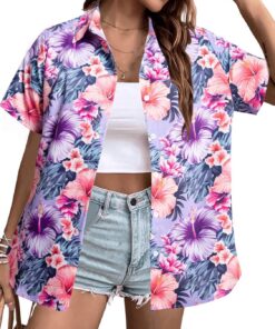 MYHALF - Camisa hawaiana para mujer, suave, fresca, de verano, con estampado floral tropical, cuello en V, camiseta de manga corta con botones