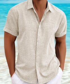 Camisas de lino para hombre, de manga corta, casuales, con botones, para playa, verano, boda