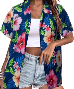 MYHALF - Camisa hawaiana para mujer, suave, fresca, de verano, con estampado floral tropical, cuello en V, camiseta de manga corta con botones