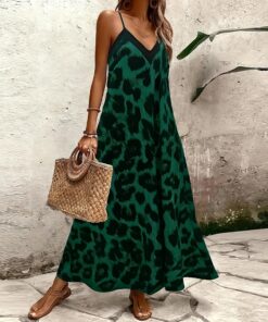 Vestido casual de verano con estampado de leopardo para mujer, vestido sin tirantes con hombros descubiertos