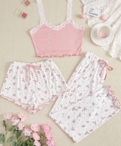 Conjunto de pijama para mujer, camiseta acanalada y pantalones largos, 3 piezas, ropa de dormir suave