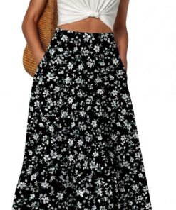 GRECERELLE Faldas largas de verano para mujer, de cintura alta, estilo bohemio, casual, elástica, elegante, acampanada, con bolsillos, para mujer