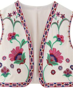 YILEEGOO Chalecos vintage bohemios bordados florales sin mangas para mujer, chaleco frontal abierto, chaquetas para exteriores