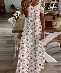Vestido largo de verano con estampado floral y hombros descubiertos y cuello en V para mujer