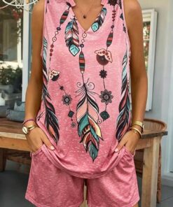Conjunto corto de dos piezas con cuello en V para mujer, sin mangas, con estampado de plumas, bolsillo, para excursiones diarias de verano