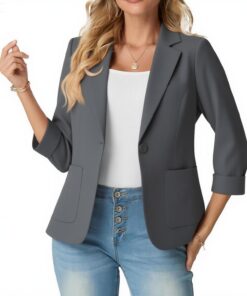 GRECERELLE Blazer elegante para mujer, manga 3/4, solapas, cuello, chaquetas de negocios, trabajo, oficina, cárdigans y blazers con bolsillos y botones para mujer