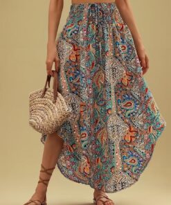 Falda bohemia floral midi para mujer, cintura alta, plisada, acampanada, falda larga fluida, atuendo casual de verano