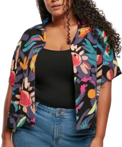 URBAN CLASSICS Camisa de verano de manga corta para mujer de viscosa, camisa hawaiana para mujer con estampado floral, cierre de botones, tallas de XS a 5XL