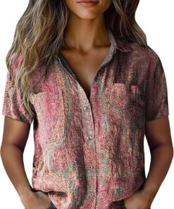 Blusas Mujer Verano Camisa Manga Corta Estampado Camiseta con Botones Cuello en V Elegantes Camisa Suelta con Cuello de Solapa y Bolsillo Casual Blusa Shirts Tunic Tops