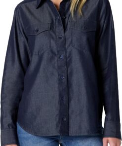 Amazon Essentials Mujer Camisa de Cambray Vaquero con Botones y Manga Larga de Corte Holgado