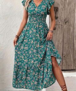 Vestidos de verano para mujer, bohemio, floral, cuello en V, manga con volantes, vestido largo de verano, playa, vacaciones, vestido de verano
