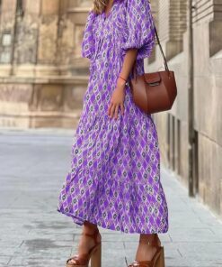 Vestidos bohemios de verano para mujer, cuello en V, manga abombada, floral, fluido, casual, largo