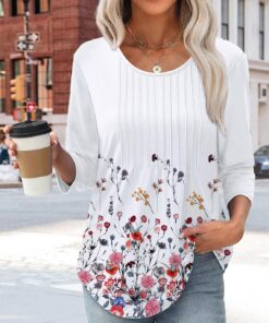 Blusa de manga 3/4 para mujer, cuello redondo, estilo casual, plisada, holgada