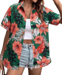 MYHALF - Camisa hawaiana para mujer, suave, fresca, de verano, con estampado floral tropical, cuello en V, camiseta de manga corta con botones