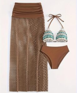 Conjunto de bikini de 3 piezas para mujer con falda de crochet, cuello halter, estampado tribal, parte superior y parte inferior ahuecada, traje de baño de playa
