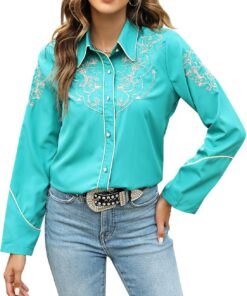 Camisas del lejano Oeste para mujer, vaquera, sexy, elegante, de manga larga, bordadas, con botones, blusas vaqueras para mujer