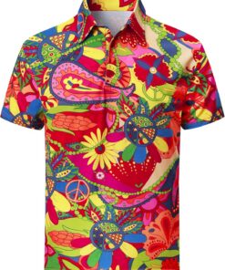 Polo años 70 Hippie Hombre Camisas Anos 60 80s Hippy Flores Golf Manga Corta