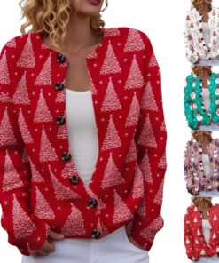 HUIFUAO Suéteres de Navidad para mujer, lindo estampado de Papá Noel, cárdigans de Navidad, divertidos diseños de gato, suéteres de Navidad para otoño e invierno, manga larga, con botones, prendas de