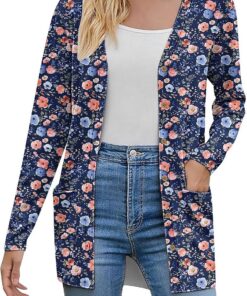 HUIFUAO - Cárdigan de punto para mujer, talla grande, con botones, frente abierto, suéter de manga larga, estampado floral, ropa de abrigo con bolsillo