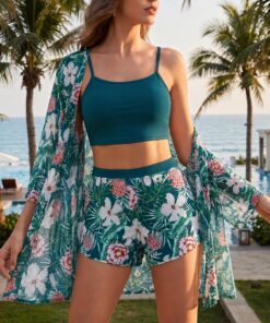 Conjunto de bikini de 3 piezas para mujer, traje de baño sexy con estampado floral tropical, traje de baño estilo playa con encaje para la playa