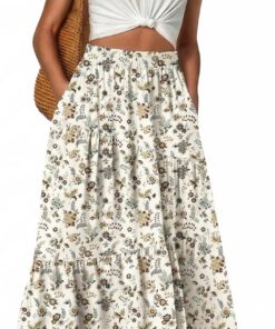GRECERELLE Faldas largas de verano para mujer, de cintura alta, estilo bohemio, casual, elástica, elegante, acampanada, con bolsillos, para mujer