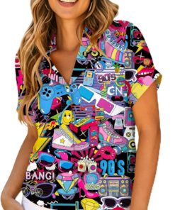 tiorhooe Camisa hawaiana de los años 80 y 90 para mujer, estilo retro, hawaiana, de manga corta, con botones, estilo vintage