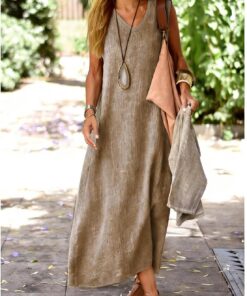 Vestido casual con cuello en V para mujer, vestido largo de lino y algodón, sin mangas, vestido de playa sin mangas