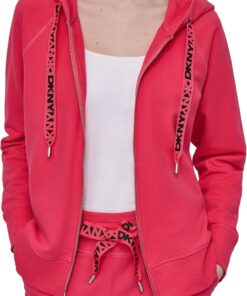 DKNY Logo Drawstring Full Zip Fleece Hoodie Sudadera con Capucha para Mujer