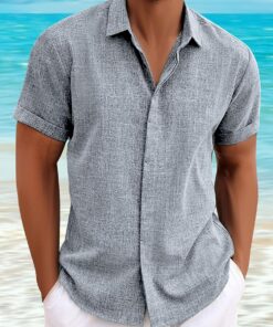 Camisas de lino para hombre, de manga corta, casuales, con botones, para playa, verano, boda