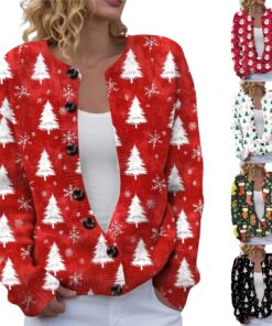 HUIFUAO Suéteres de Navidad para mujer, lindo estampado de Papá Noel, cárdigans de Navidad, divertidos diseños de gato, suéteres de Navidad para otoño e invierno, manga larga, con botones, prendas de