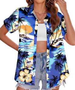 tiorhooe Camisas hawaianas para mujer, diseño de árbol tropical, de manga corta, con botones, para verano, playa, vacaciones