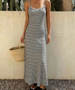 Vestido largo a rayas para mujer, vestido largo casual sin mangas, suave y elástico, ropa de descanso y hogar para el verano
