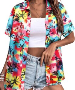 WIEIYM Camisas hawaianas con estampado floral y botones para mujer, blusas con estampado de flores, camiseta informal de verano de manga corta, unisex, para vacaciones, playa, tropical
