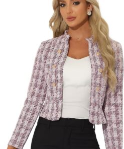 Allegra K Chaquetas de tweed vintage para mujer, cuello alto, chaqueta corta con frente abierto | Cuello alto, chaqueta corta a cuadros vintage, trajes casuales elegantes, primavera, otoño e invierno
