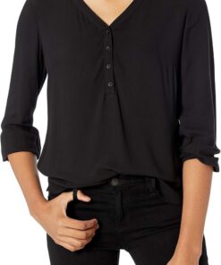Amazon Essentials Camisa con Botones y Manga 3/4, Blusa de Corte Holgado con Cuello en V Mujer