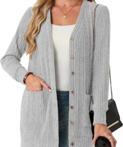 GRECERELLE Cárdigan largo para mujer, con frente abierto, ligero, acanalado, casual, cuello en V, con bolsillos, para primavera, verano y otoño