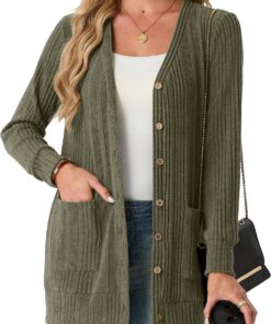 GRECERELLE Cárdigan largo para mujer, con frente abierto, ligero, acanalado, casual, cuello en V, con bolsillos, para primavera, verano y otoño