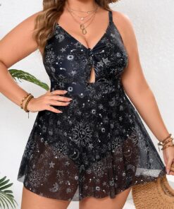 Traje de baño de una pieza con estampado blanco y negro para mujer, talla grande, con falda de malla, cuello en V, control de abdomen