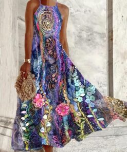 Vestido largo de verano con cuello halter y estampado floral azul para mujer, vestido bohemio sin mangas para vacaciones