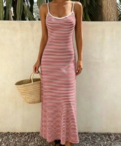 Vestido largo a rayas para mujer, vestido largo casual sin mangas, suave y elástico, ropa de descanso y hogar para el verano