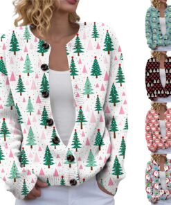 HUIFUAO Suéteres de Navidad para mujer, lindo estampado de Papá Noel, cárdigans de Navidad, divertidos diseños de gato, suéteres de Navidad para otoño e invierno, manga larga, con botones, prendas de