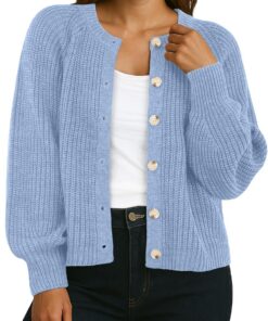 GRECERELLE Cárdigan de punto para mujer, manga larga, cárdigan grueso, elegante, cárdigan informal, cuello redondo, suéter de punto de gran tamaño, suéter informal con botones, otoño, invierno