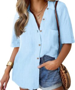 Hotouch Camisas de Mujer Camisas Casuales de Manga Corta Camisas Elegantes con Cuello en V Camisas Básicas de Color Sólido Camisas de Trabajo Tops Sueltos con Bolsillos S-XXL