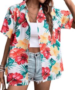 MYHALF - Camisa hawaiana para mujer, suave, fresca, de verano, con estampado floral tropical, cuello en V, camiseta de manga corta con botones